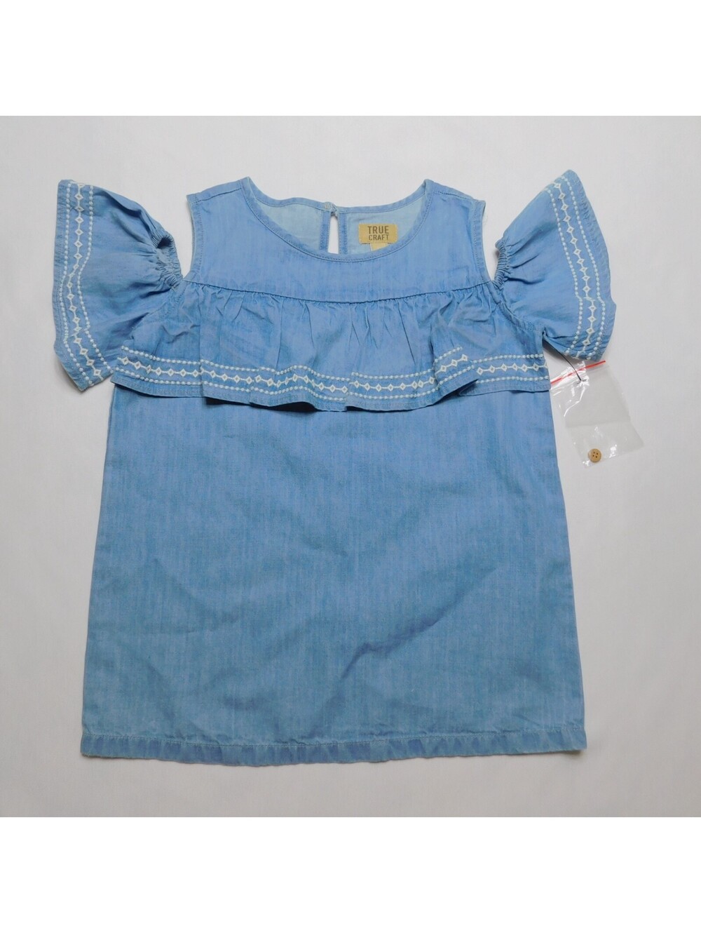 True Craft Girls Cold Shoulder Top Size 4 Blue Chambray Denim Ruffle Embroidered